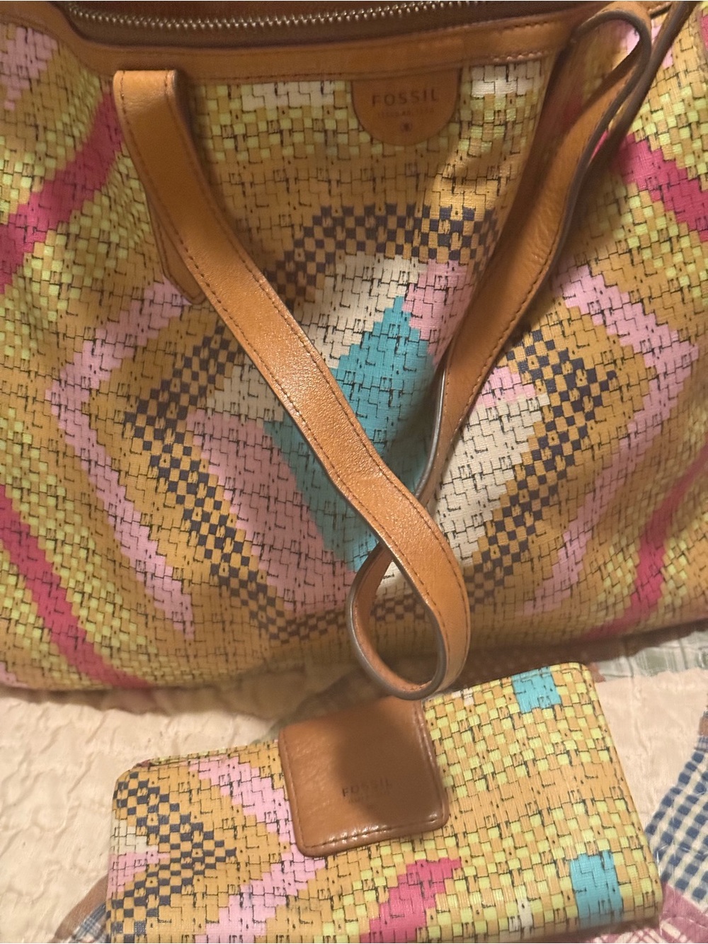 Fossil Multicolor Woven Tote with Tan Leather Straps
